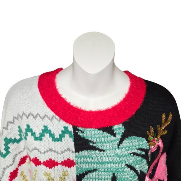 30 degrees Large Christmas Sweater Flamingos Holiday Santa Hat Sequins Party - Picture 3 of 13